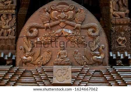 Beautiful wooden carved detail of the Nepalese Peace Pagoda located in Brisbane, South Bank parklands