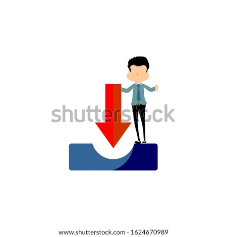 A download icon with a white background is accompanied by the character 