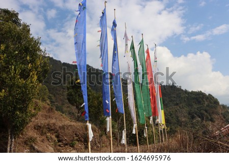 Tibetan prayer flags or Buddhist prayer flags in village at Sikkim