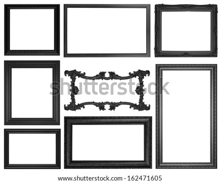 Old antique black  picture frame wall, wallpaper, decorative objects isolated white background.