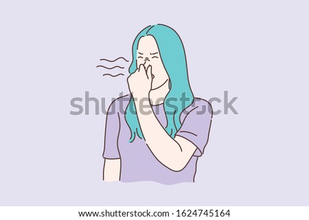 Stink, smell, disgust concept. Young unhappy dissatisfied woman covers nose with hands, showing disgust. Disappointed unhappy girl feels disgust because of awful smell and stink. Simple flat vector Royalty-Free Stock Photo #1624745164