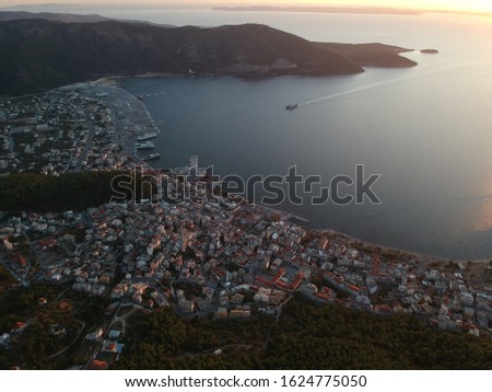Aerial Photo, Igoumenitsa city thesprotia Epirus Greece, port, harbor ferryboat to Corfu island and italy. close to sivota parga and preveza. panoramic Drone view 