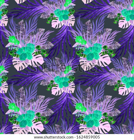 Watercolor seamless pattern with tropical illustration. Exotic flowers and jungle leaves. Hand paint.