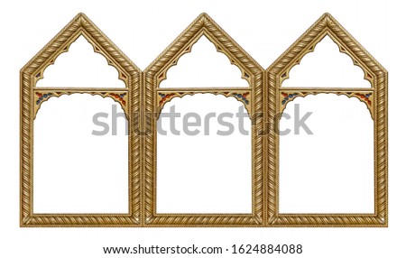 Triple golden gothic frame (triptych) for paintings, mirrors or photos isolated on white background. Design element with clipping path