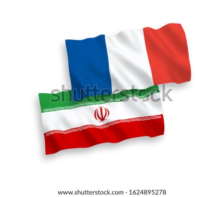 National vector fabric wave flags of France and Iran isolated on white background. 1 to 2 proportion.