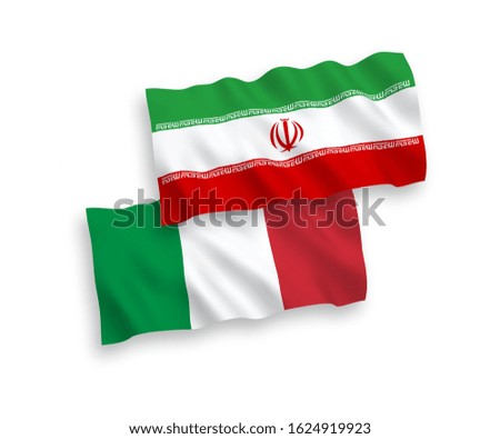 National vector fabric wave flags of Italy and Iran isolated on white background. 1 to 2 proportion.