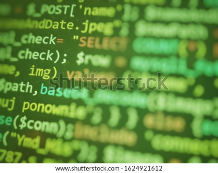 Software developer programming code. Abstract computer script code. Green color. 