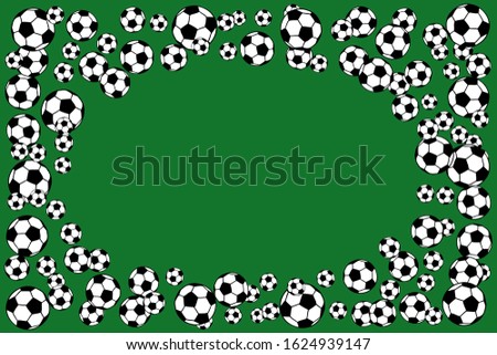 Soccer, football scattered balls blank frame. Background illustration over green grass field. Sport game equipment wallpaper. Horizontal format.