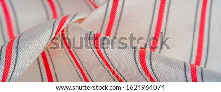 textured pattern, composite textile, dense silk fabric, white with red and gray lines, dash on fabric, narrow stripe. feature, line, stroke, dash, trace,