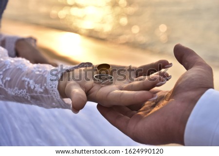 Hands of the bride and groom holding gold wedding rings of the newlyweds on the palm of the hand against the background of the sea. Wedding, Valentine's day, lovers, symbol together, love, beauty, Royalty-Free Stock Photo #1624990120