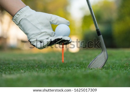 Hand putting golf ball on tee in golf course.