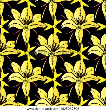 yellow vanilla flowers seamless pattern on a black background decor decoration of textiles and surfaces of objects, scrap booking wallpaper clothes waist bags bedding vector illustration
