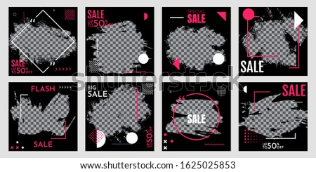 Grunge vector overlay. Banner design. Fashion sale promotion and digital marketing. Hand drawn abstract frame with Memphis pattern elements. Ink brush strokes mess. Black poster with pink frame