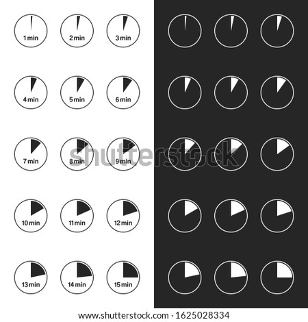 Vector illustration of 15 clock timer icons set in 2 colors. 
Minimalistic timer symbol with minutes from 1 to 15 for product labels and packaging design, cooking instructions. Black and white signs.