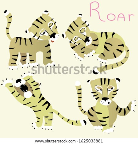 Set of funny tigers. Sleeping, walking, sitting and frightening. Vector decor element for kids t-shirt design. 