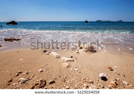 Wild beach with beautiful light sand and pebbles. Far bright colors of the sea