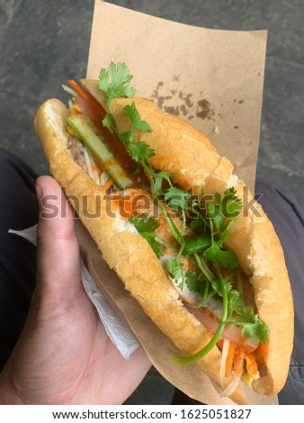 Banh Mi a popular street food in Vietnamese cuisine. Pictured point of view hand holding sandwich real food not styled in natural daylight on the streets of Hoi An, Vietnam.