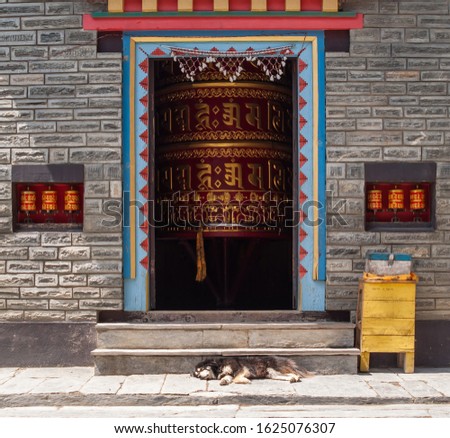 Picture of Bouddist Chapel with huge Prayer Wheel inside, and sleeping street dog in front of the entrance. Ngawal village, Himalaya Mountains, Nepal, Annapurna Conservation Area.