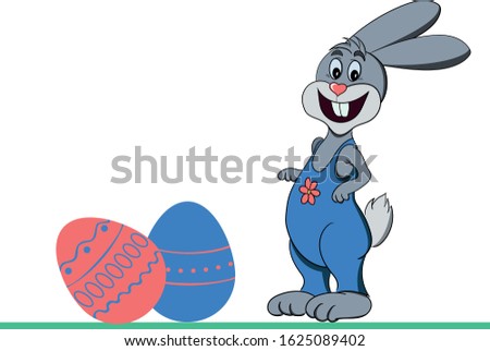 Cheerful Easter bunny rabbit with pants and eastereggs