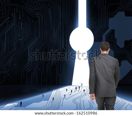Composite image of young businessman walking away from camera 