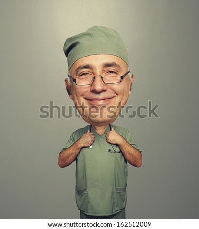 funny bighead happy doctor in glasses over dark background