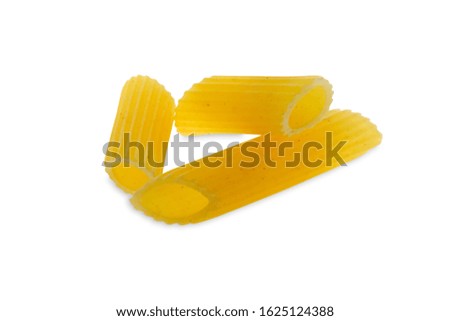 Penne - pasta with cylinder-shaped pieces cut at a bias isolated on white