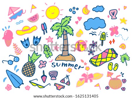 Big beach set stickers isolated on textured background. Hot summer Cute girly elements.Vector illustration in cartoon style. Clip art icons for design. Simple bright prints. Doodle hand drawn artwork.