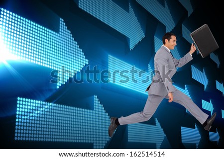 Composite image of businessman running with a suitcase 