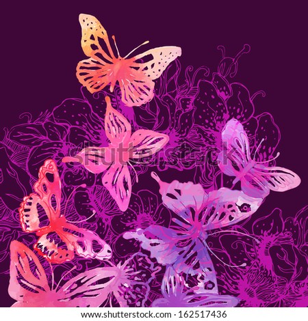 Amazing colorful background with butterflies and flowers painted with watercolors (vector illustration) 