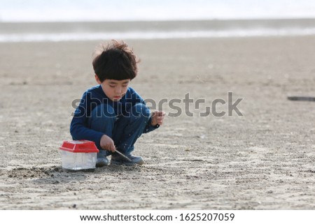 Against the backdrop of beach sand, a boy dressed in navy blue is looking for shellfish hidden in the sand with his hands. Out Focus picture.