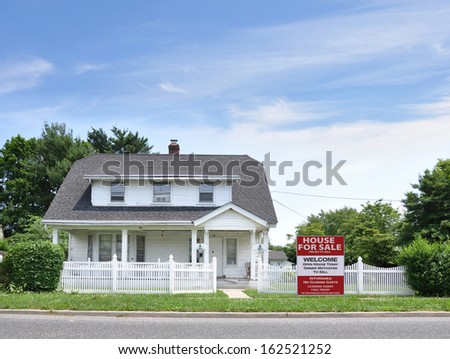 House For Sale White Picket Fence Suburban Home Residential Neighborhood Blue Sky Clouds USA