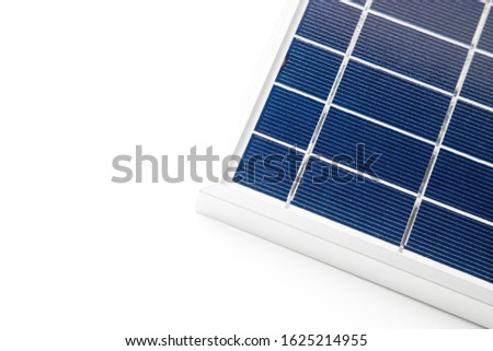 Top view Close up Small portable Solar Cell Panel Power Module pad for Mini Charging System or LED Spotlight. Have Copy space On white background.