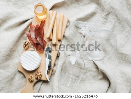 Flat lay with cheese and bread, snacks, meal prepare 