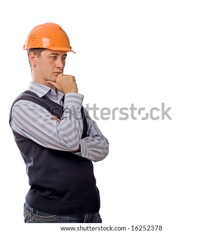 engineer in orange helmet thinking, copy space right hand, isolated on white background