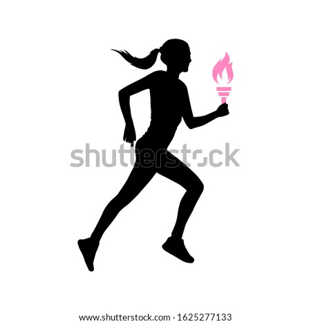 Female runner with sport flame. Vector silhouette illustration on white background