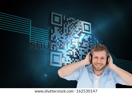 Composite image of trendy model listening to music and looking at camera