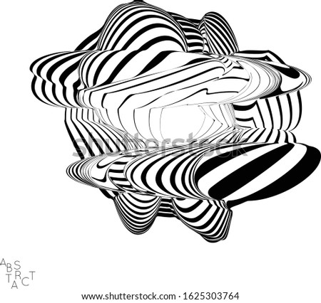 Abstract striped deep ocean life creature. Black and white optical art. Biology research marine science concept. Sea shell or jelly fish illustration showing wavy body moment under water.