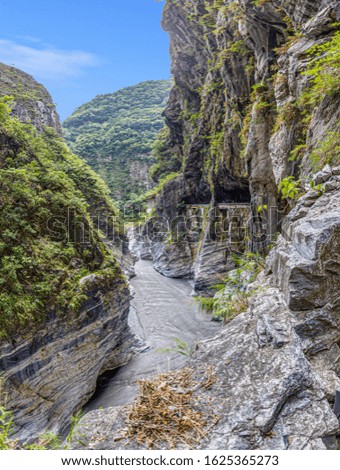 Panoramic picture of narrow Taroko gorge in the Taroko National Park on the island of Taiwan in summer