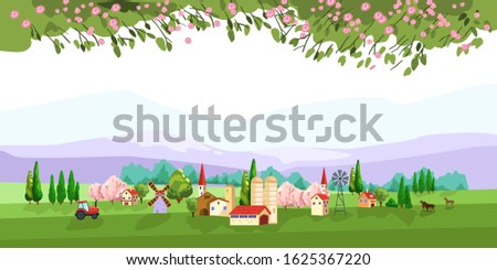 Vector horizontal banner with small village farm on the hills, tractor, horses, windmill, branches with flowers. Spring panoramic landscape with space for your text. For backgrounds, landing pages
