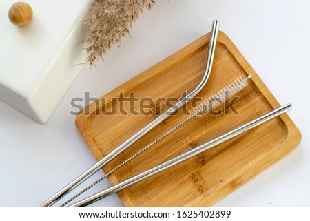 Reusable Metal Straws with Portable Case - Stainless Steel, Eco-Friendly Drinking Straw Set with  Cleaning Brushes. Stainless Steel Metal Straws, Reusable Comfortable Rounded tip Drinking Straws Royalty-Free Stock Photo #1625402899