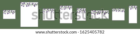 Set of different white cards with a floral pattern and place for text on a green background. Blue flowers bluebells on a white background. Seamless brush in swatches. Pattern with wildflowers.