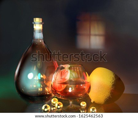 3d illustration of lemon lime half cognac glass bottle and gold balls art still life in dark room