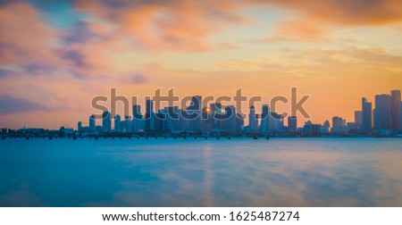 downtown miami city skyline building sky urban landscape architecture skyscraper panorama sunset sea florida bridge yellow sky prints