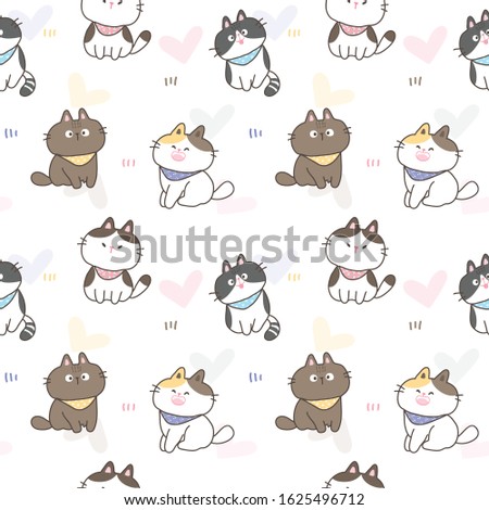 Seamless Pattern of Cute Cartoon Cat Design on White Background with Hearts