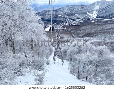 A ski lift in the winter season with snowy forest