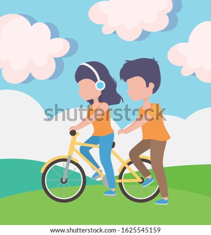 woman with headphones riding bike and man walk in the grass healthy lifestyle vector illustration