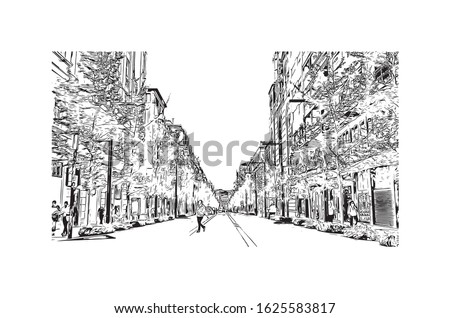 Building view with landmark of Granada is a city in southern Spain’s Andalusia region, in the foothills of the Sierra Nevada mountains. Hand drawn sketch illustration in vector.