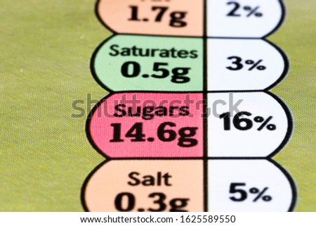 Sugar content information displayed on food packaging label with shallow depth of field