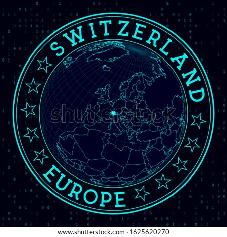 Switzerland round sign. Futuristic satelite view of the world centered to Switzerland. Country badge with map, round text and binary background. Awesome vector illustration.