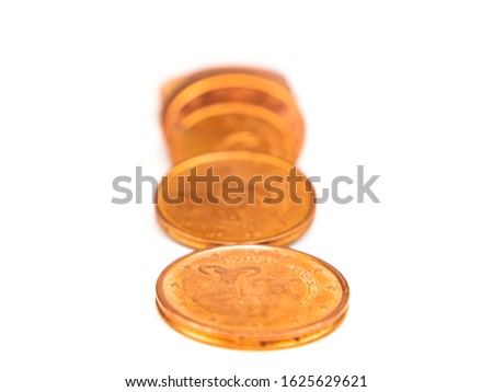 Money small coins on a white background with place for text. Euro. Cent. Business. Free place. Background image.
